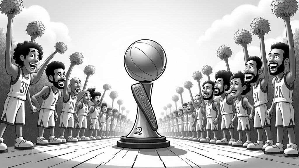 A conceptual black and white sketch illustrating the journey of the NBA Trophy. The trophy is central, surrounded by sketches of players, courtside scenes, and cheering fans merging into the background.