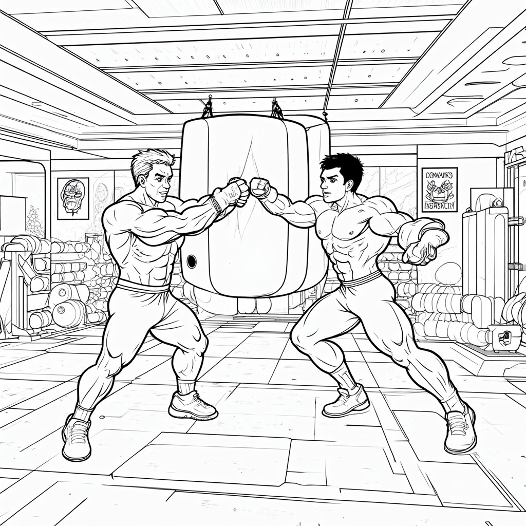 A scene inside a high-tech gymnasium where trainees are testing super strength on punching bags or lifting heavy objects.