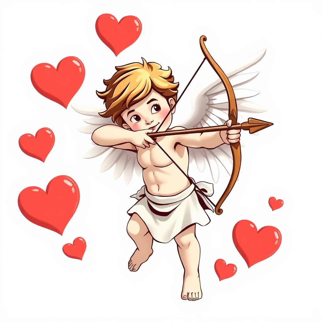 Cupid aiming his bow and arrow, with hearts floating around him.