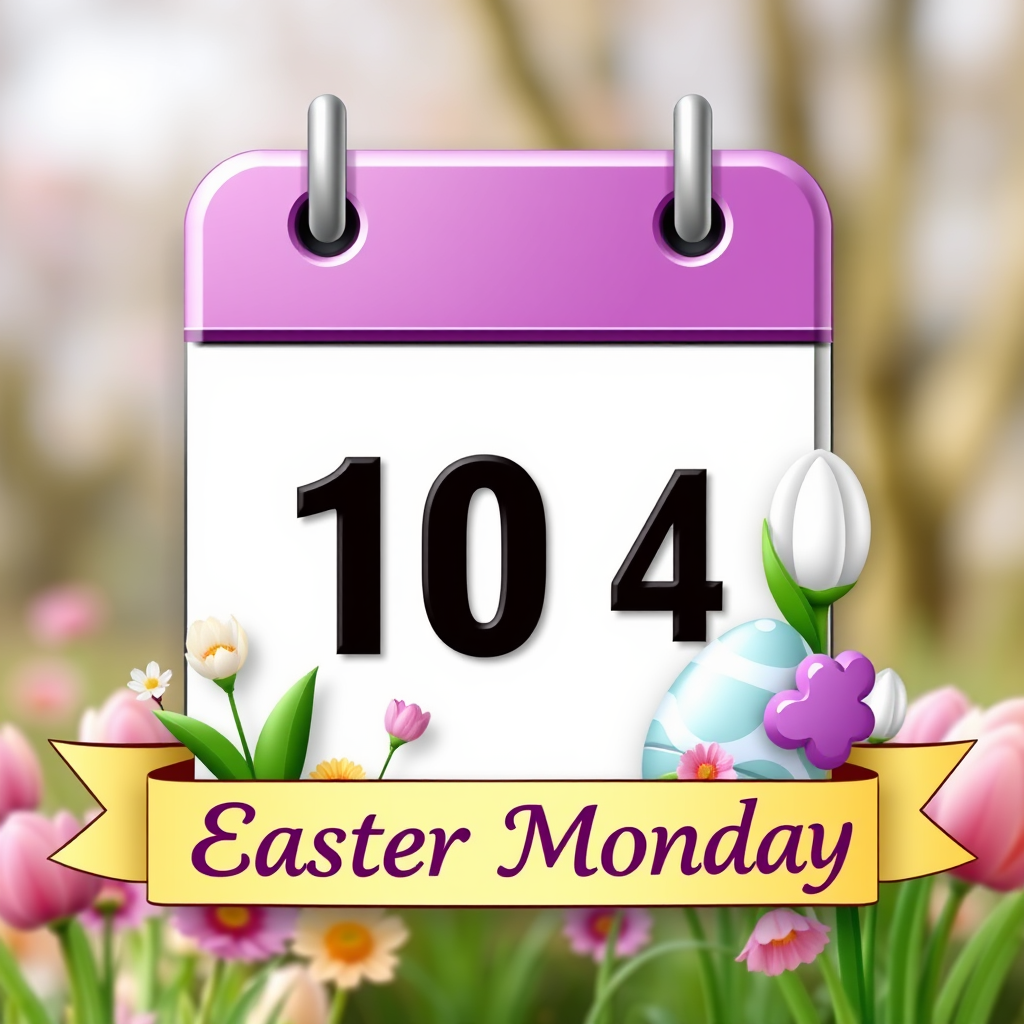 A calendar icon with the date for Easter Monday highlighted, combined with images of springtime flowers or a festive banner.