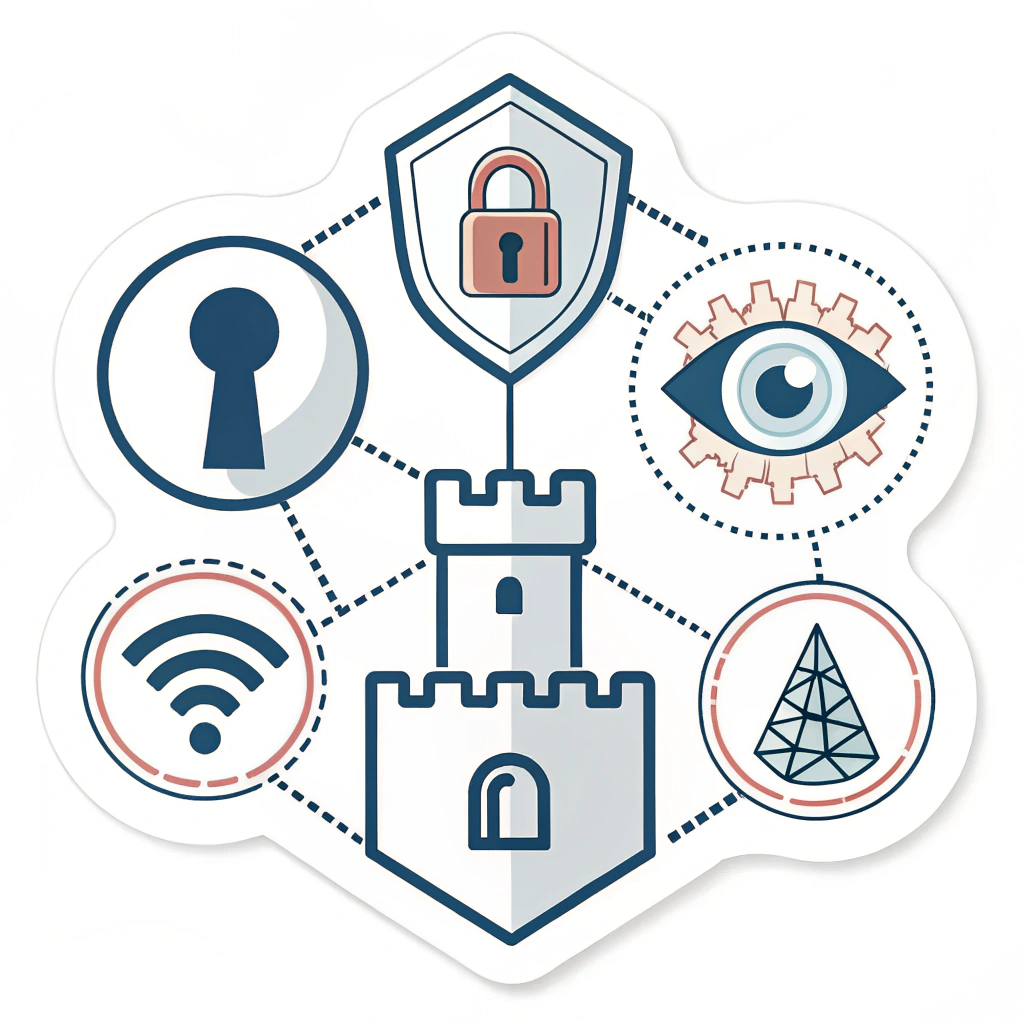 Sub-design 4: Focus on a few key nodes depicted as abstract representations of security elements (e.g., a keyhole, a digital fortress, an eye symbolizing monitoring) interconnected with simpler nodes, representing the protected network.