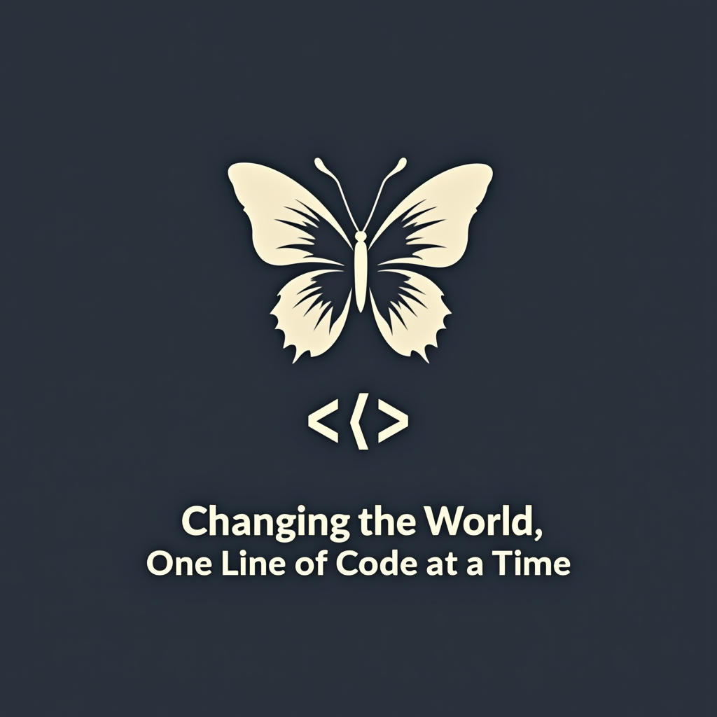 Simple Icon/Logo Focus: A concise, clever graphic using coding brackets '< >' configured to subtly resemble a butterfly taking flight or an opening flower, symbolizing transformation and creation through code, with the slogan 'Changing the World, One Line of Code at a Time' underneath.