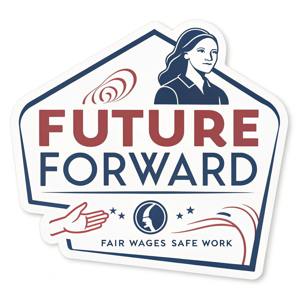 A typography-focused sticker with 'FUTURE FORWARD' in bold, modern lettering. 'Fair Wages' and 'Safe Work' are presented as supporting text using strong contrast and clean lines.