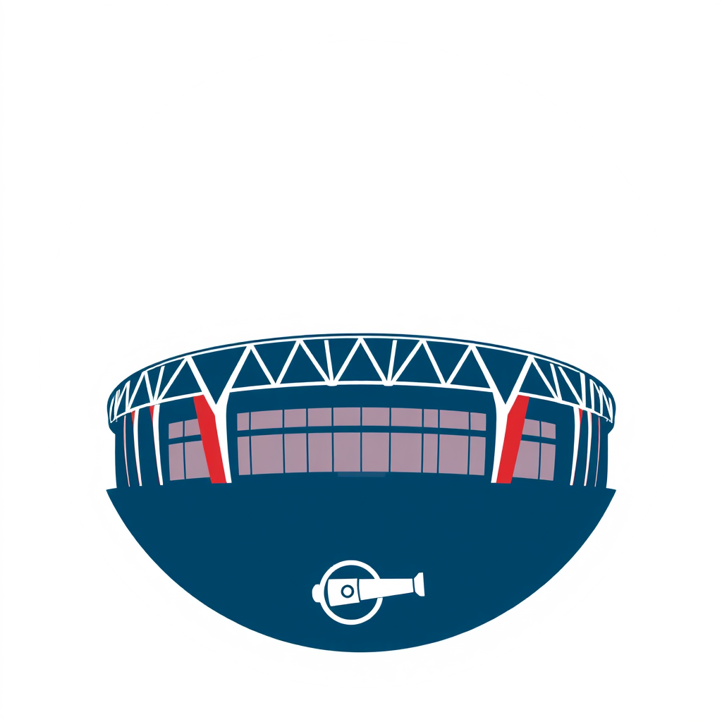 A logo featuring a highly stylized, geometric representation of the Emirates Stadium's prominent architectural features (e.g., the steel trusses or roofline). This is paired with a minimalist, single-line cannon emblem, maintaining a clean and modern aesthetic.