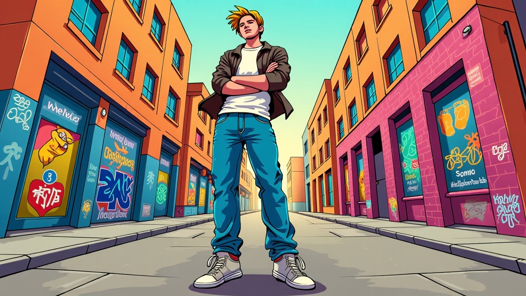  a young man standing on a street with his arms crossed. He is wearing a brown jacket, blue jeans, and white sneakers. He has blonde hair and is looking off to the side with a serious expression on his face. The street is lined with colorful buildings on both sides, each with graffiti on them. The sky is blue and the overall mood of the image is vibrant and lively.