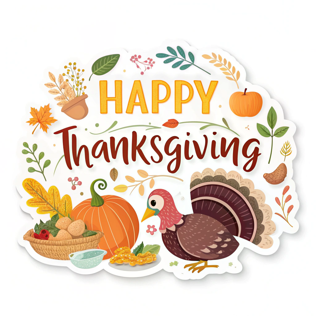 The image shows a happy Thanksgiving sticker with a turkey, pumpkins, leaves, a basket of food items, and other objects. The text reads 