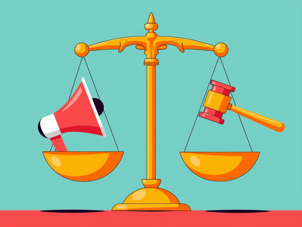 An image of classic balance scales. One pan holds a megaphone or speech bubble representing free expression, while the other holds a gavel or rulebook symbolizing platform regulations and moderation.