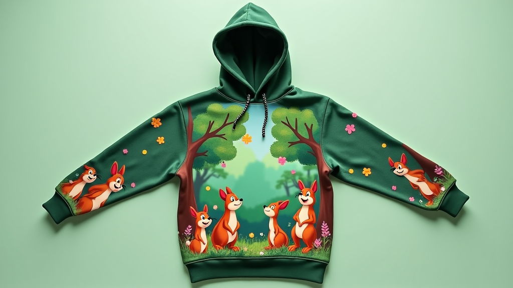 Green hoodie laid flat, highlighting animated forest creatures in a whimsical print.