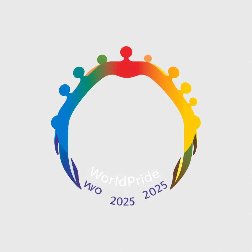 Sub Design Idea 2: Abstract human figures in a continuous line, each segment a different color of the rainbow, forming a circle or embracing silhouette. This represents unity and the spectrum of humanity. 'WorldPride 2025' below or within the circle.