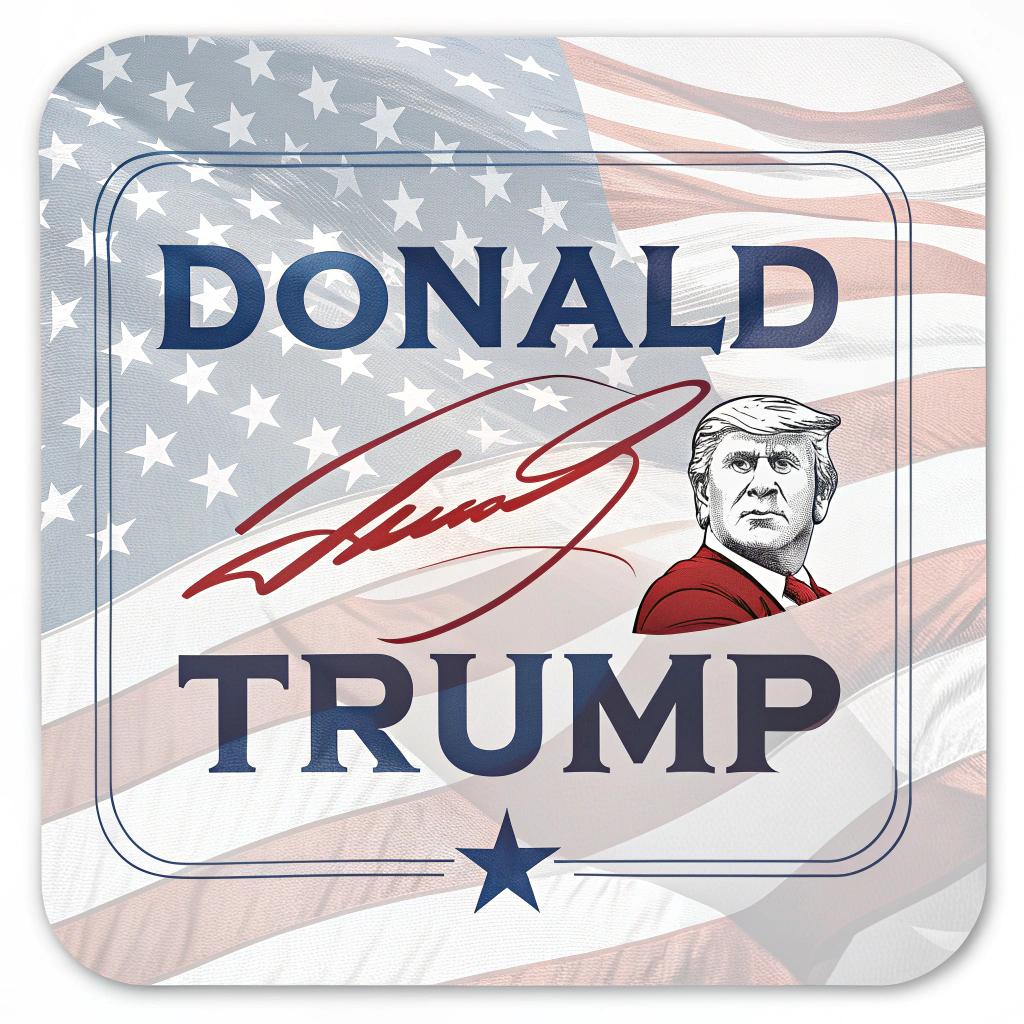 A sticker showcasing Trump's signature with a patriotic American flag background.