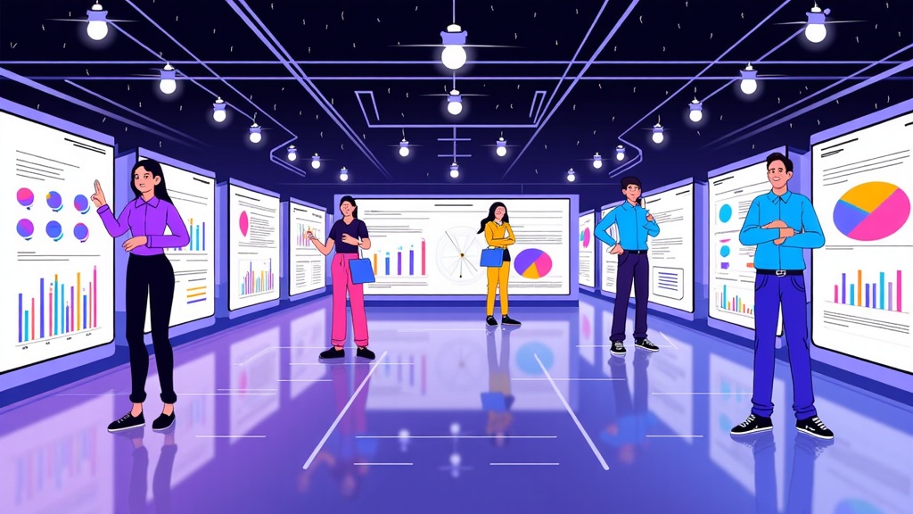 A dynamic gallery showcasing AI-generated illustrations for complex data sets. The design could feature 'living' illustrations that subtly animate or morph to represent changes in data over time, emphasizing the AI's ability to visualize evolving information.