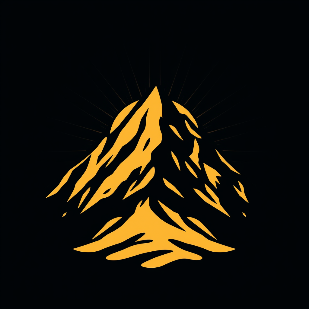 The mountain is depicted with jagged edges and the sun with radiating lines, conveying the rugged and powerful nature of both elements.