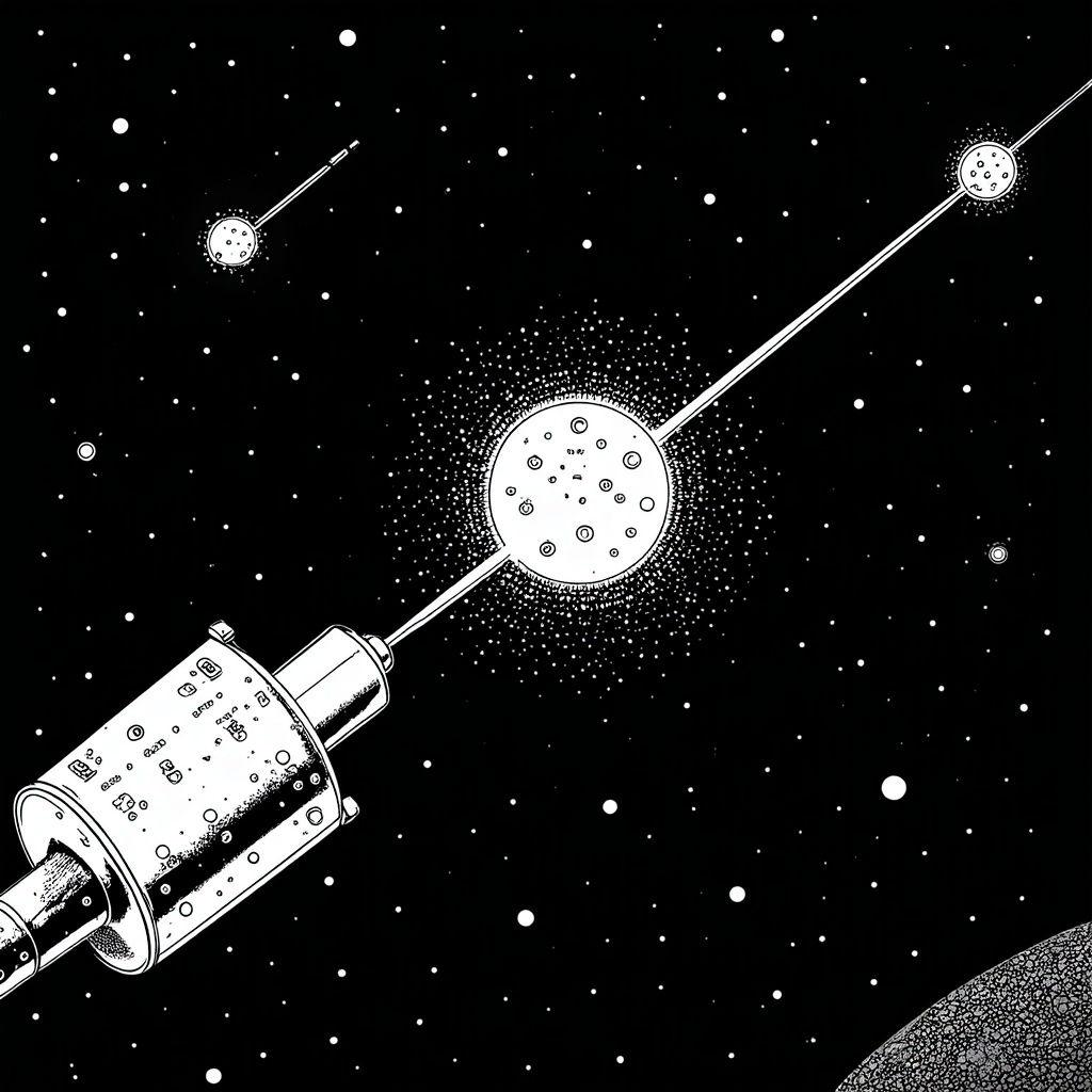 Quantum Measurement Scene: One twin particle is being 'observed' or 'measured' by a stylized scientific instrument (e.g., a lens, a detector ray). The other twin, even if far away, instantly mirrors the state of the first. This could be shown by both particles simultaneously glowing the same color or adopting the same pattern once one is 'measured.' The cosmic connection could be a vast, empty space between them, emphasizing the non-local nature of entanglement.