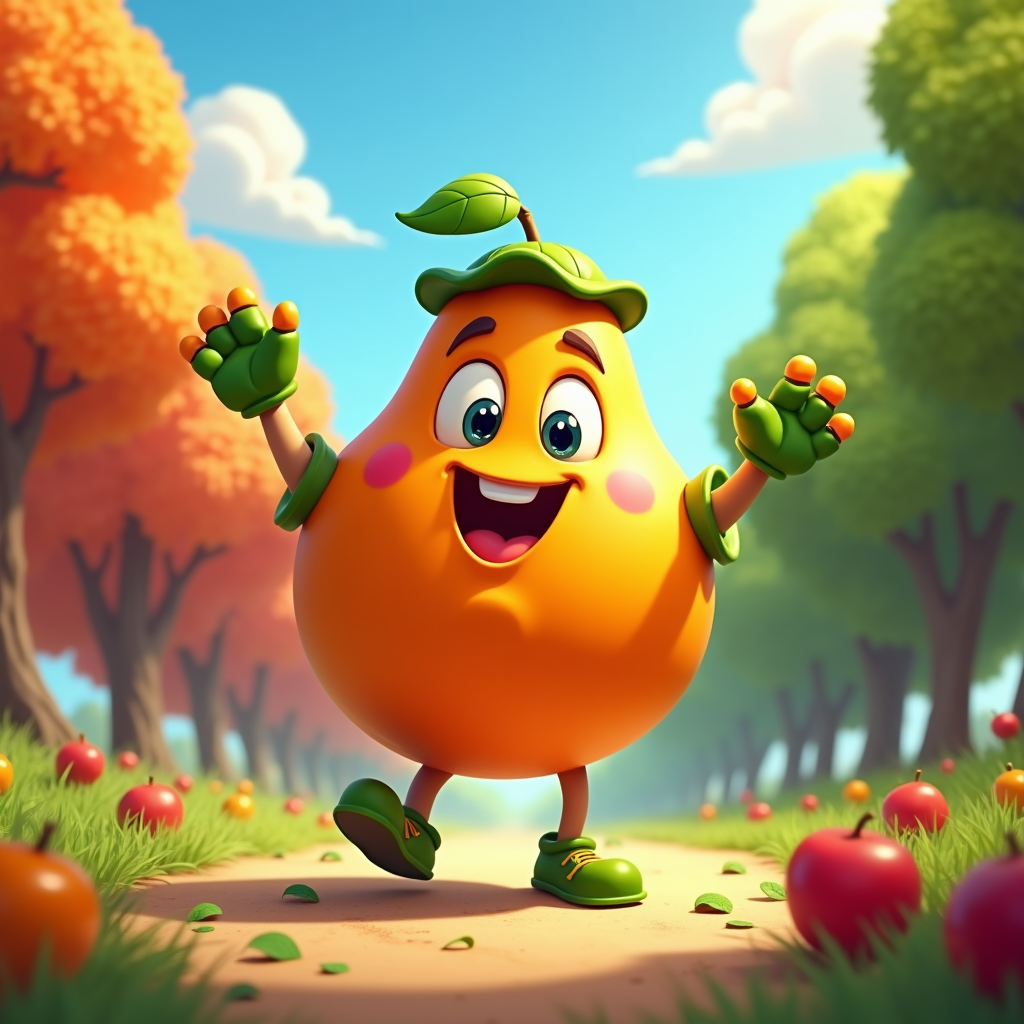 The image is a digital illustration of a cartoon character in an apple orchard. The character is a large orange pear with a green cap and green shoes. It has a big smile on its face and its arms are stretched out in front of it, as if it is dancing or waving. The background is filled with trees with orange and yellow leaves, and there are red apples scattered on the ground. The sky is blue with white clouds. The overall mood of the image is cheerful and playful.