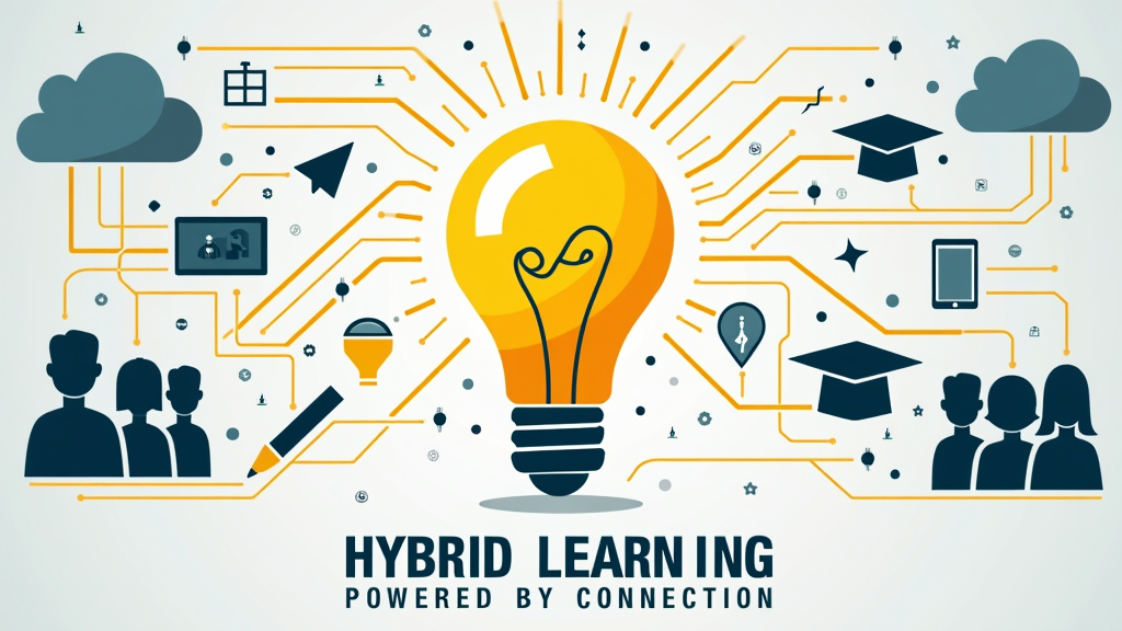 A central, modern lightbulb graphic. From one side of the lightbulb, digital pathways (like circuit lines or flowing data) extend to icons representing online learning (e.g., cloud, mouse cursor, video call icon). From the other side, more organic pathways connect to on-campus symbols (e.g., a graduation cap, a pencil, a group of diverse students). The tagline 'Hybrid Learning: Powered by Connection' is typeset neatly.