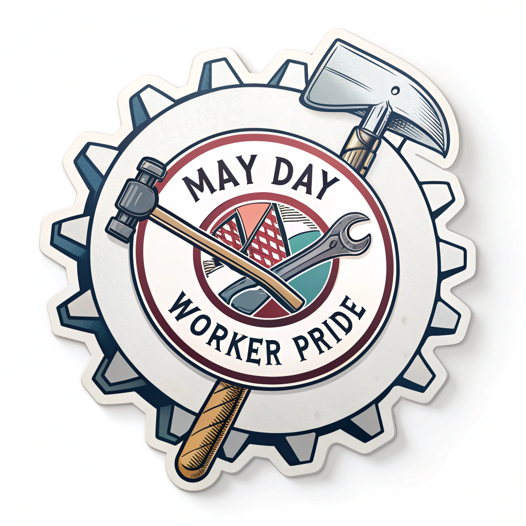 Simple Logo Idea: A circular emblem containing intertwined tools (e.g., gear, pen, shovel) with 'May Day' or 'Worker Pride' integrated into the design.