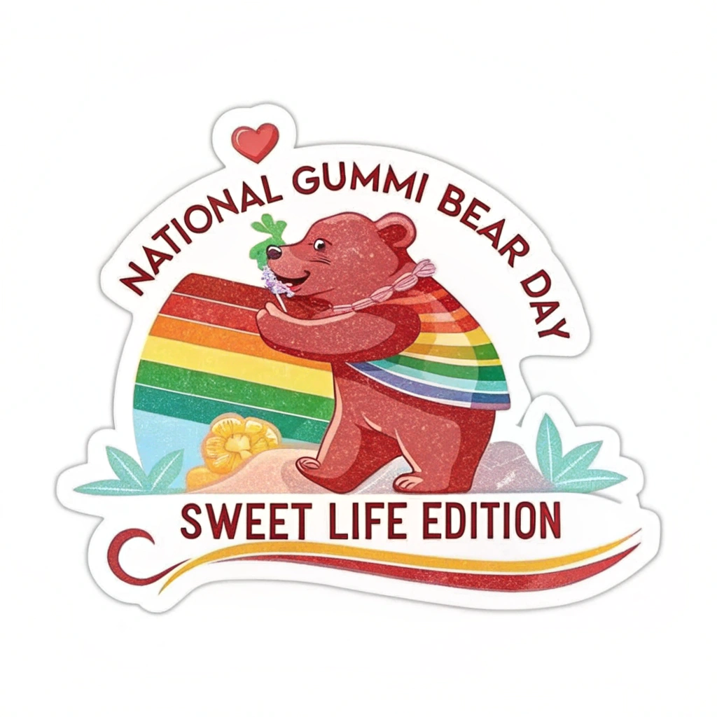 A single, large, detailed gummi bear (perhaps red or rainbow striped) with a playful bite mark, with the text 'National Gummi Bear Day' wrapped around it and 'Sweet Life Edition' subtly placed.