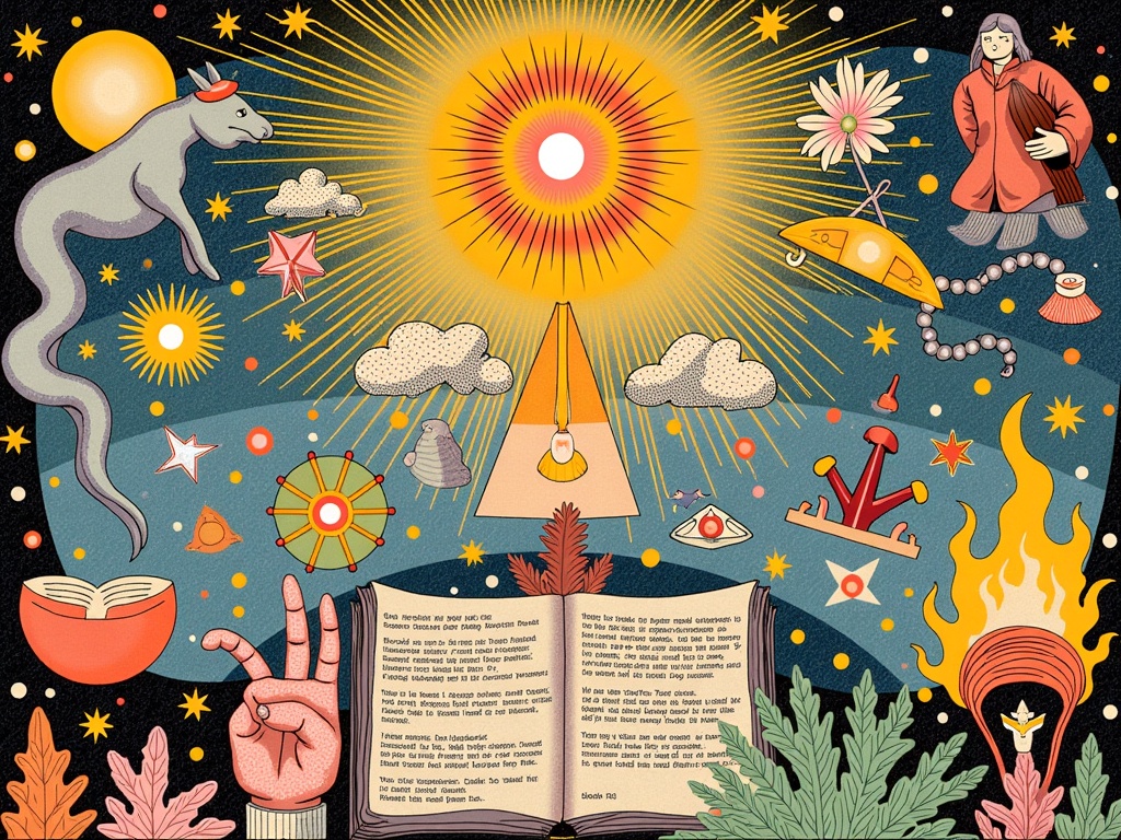 A composite illustration weaving together multiple key images or symbols from the poem into a single, coherent visual narrative tableau.