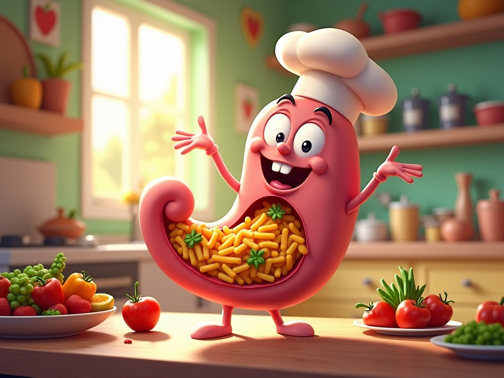 The image shows a cartoon character in a chef's hat standing in a kitchen with a plate of food in front of him. On the table there are two plates of fruits and vegetables, and in the background there are kitchen utensils and other objects on the shelves, as well as frames attached to the wall and a window. The image is animated, giving it a lively and vibrant feel.