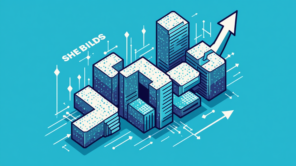 Abstract Geometric Pillars: Create a design using abstract geometric shapes to represent each action: interconnected blocks for 'Builds,' binary code patterns or circuit lines for 'Codes,' and an upward arrow or leading lines for 'Leads,' all cohesively arranged with the tagline 'She Builds. She Codes. She Leads.'