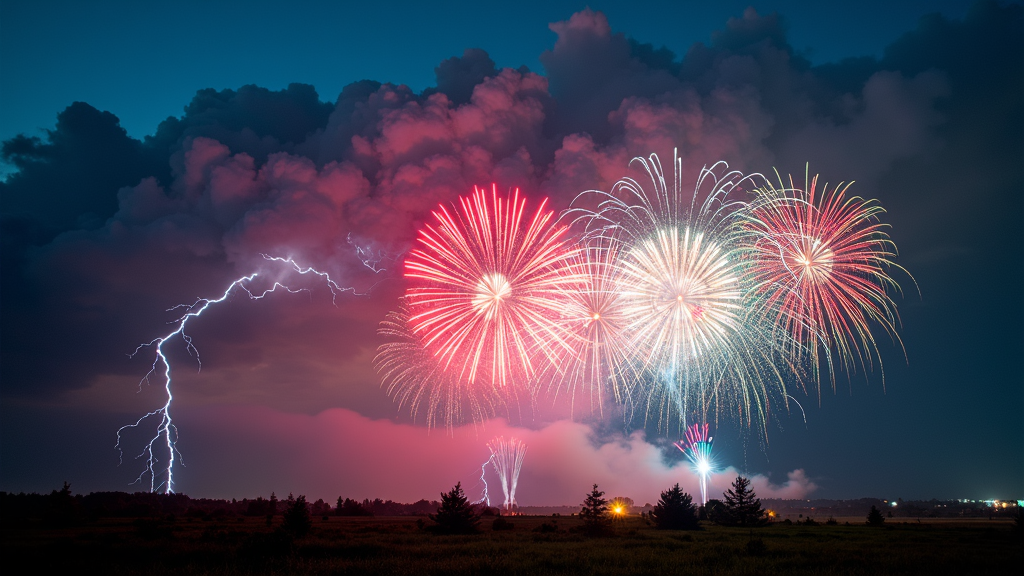 An enthralling thunderstorm wallpaper set amidst a vibrant fireworks display. As colorful explosions of light cover the sky, jagged lightning bolts shine through, merging man-made spectacle with natural marvel. The duality of elements creates an exhilarating, arresting showcase of bright bursts against a turbulent backdrop.