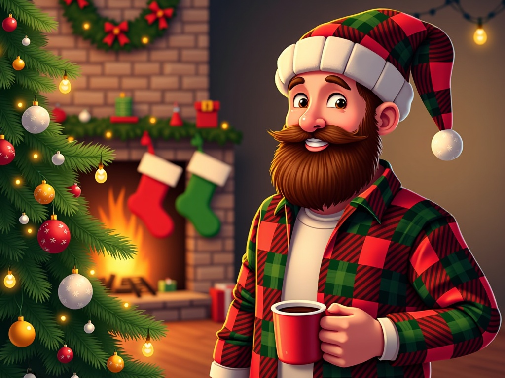  a cartoon character of a man with a beard and mustache wearing a red and green plaid shirt and a Santa hat. He is holding a red coffee cup in his hands and is standing in front of a Christmas tree decorated with colorful ornaments and lights. Behind him, there is a fireplace with stockings hanging on the mantle and a wreath hanging above it. The overall mood of the image is festive and cozy.