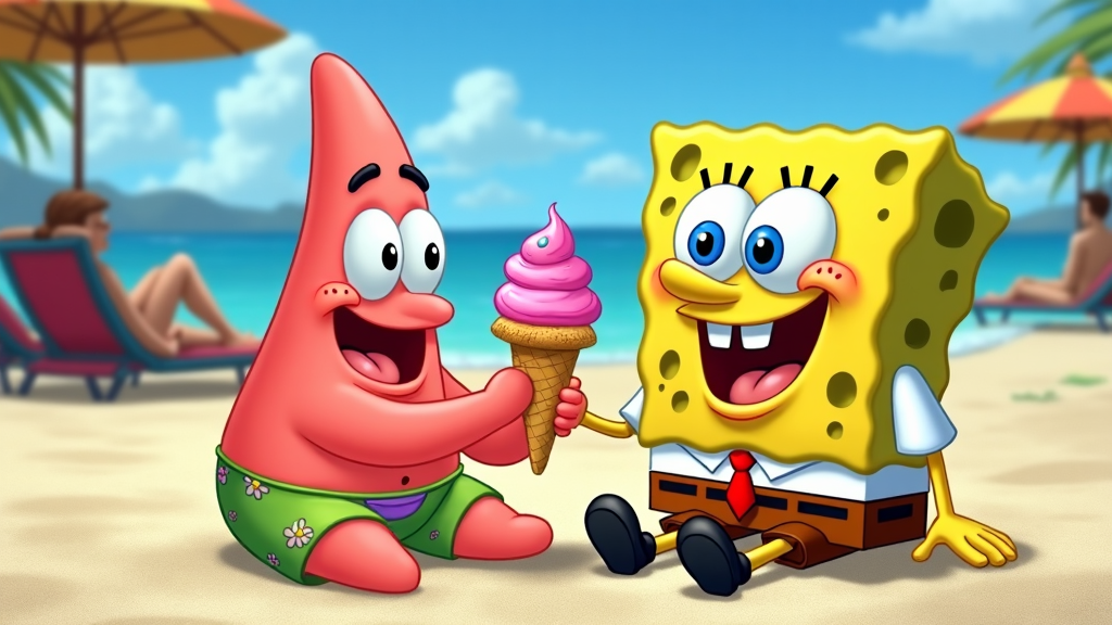 Patrick Star and SpongeBob sharing an ice cream cone on Goo Lagoon, with sunbathers in the background and waves gently hitting the shore.