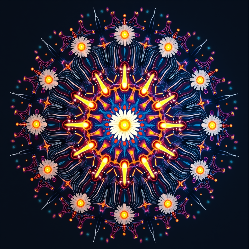 T-Shirt Idea 4: A tech-inspired design showcasing a mandala that resembles an intricate, glowing circuit board pattern. The 'electric sky' is represented by flowing lines of light and energy, with daisy heads integrated as 'nodes' within the circuit design.