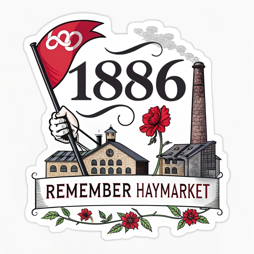 Simple Logo Idea: The year '1886' prominently displayed, possibly intertwined with a graphic element like a factory chimney from which a red flag or a flower emerges, symbolizing worker struggle and hope. The text 'Remember Haymarket' would be positioned below or integrated within the design using a strong, clear font.