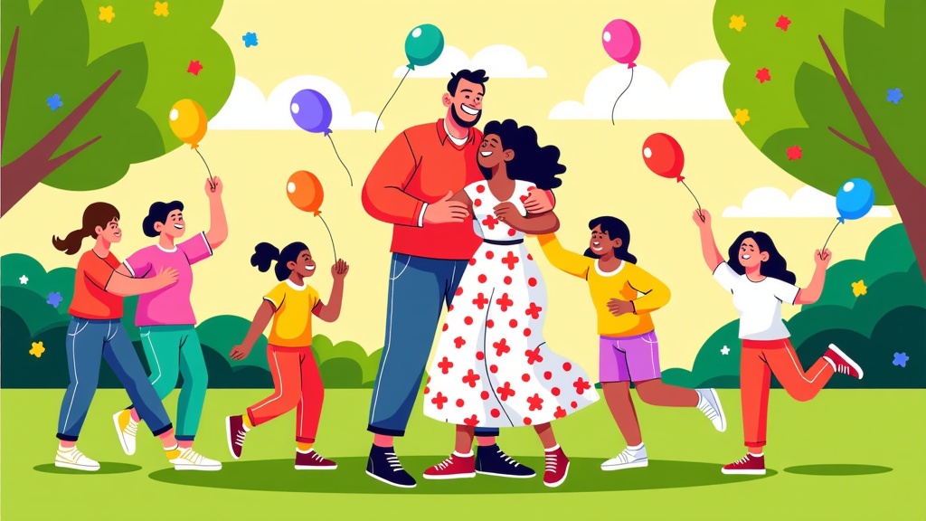  a group of children and a man in a park. The man is standing in the center of the image, holding the woman in his arms and smiling at the camera. The woman is wearing a white dress with red polka dots and has long black hair. She is holding a bunch of colorful balloons in her hands. The children around her are also holding balloons and are running around them. They are all smiling and appear to be having fun. The background is a green park with trees and bushes. The sky is blue with white clouds. The overall style of the illustration is cartoon-like and playful.