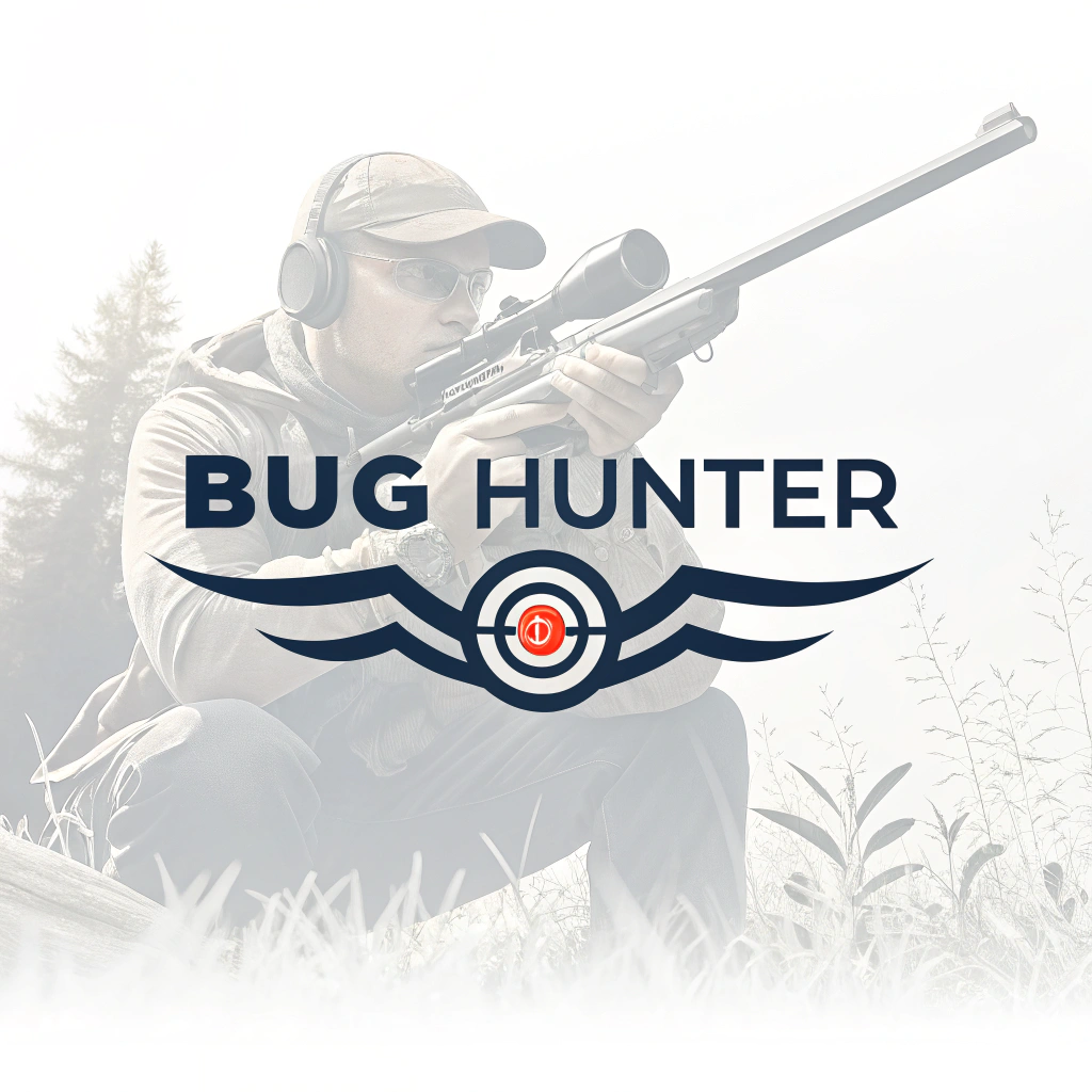 Simple Logo Idea: The words 'BUG HUNTER' in a modern, bold, sans-serif typeface. The 'O' in 'HUNTER' is replaced by a stylized target reticle or a magnifying glass icon.
