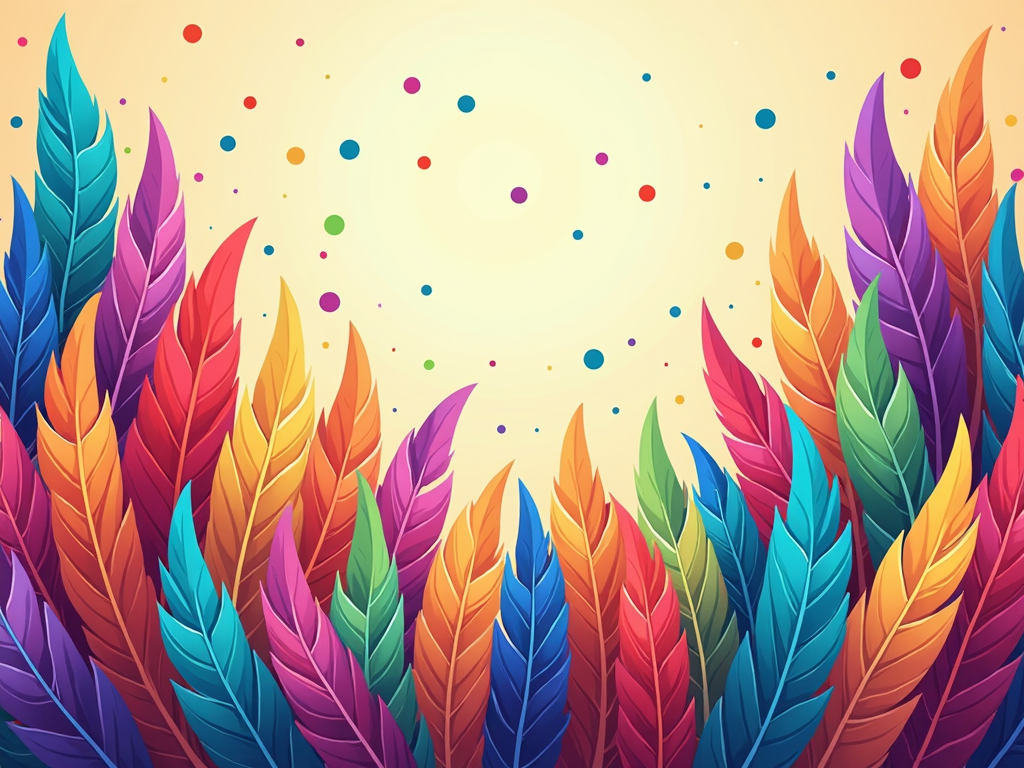 A design showcasing the intricate details of bird feathers, using a spectrum of rainbow colors in geometric patterns, resembling a kaleidoscope, ideal for a background or textile print.