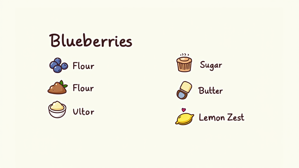 A 'recipe card' graphic listing key ingredients (Blueberries, Flour, Sugar, Butter, Lemon Zest) with small, simple icons or drawings next to each item.