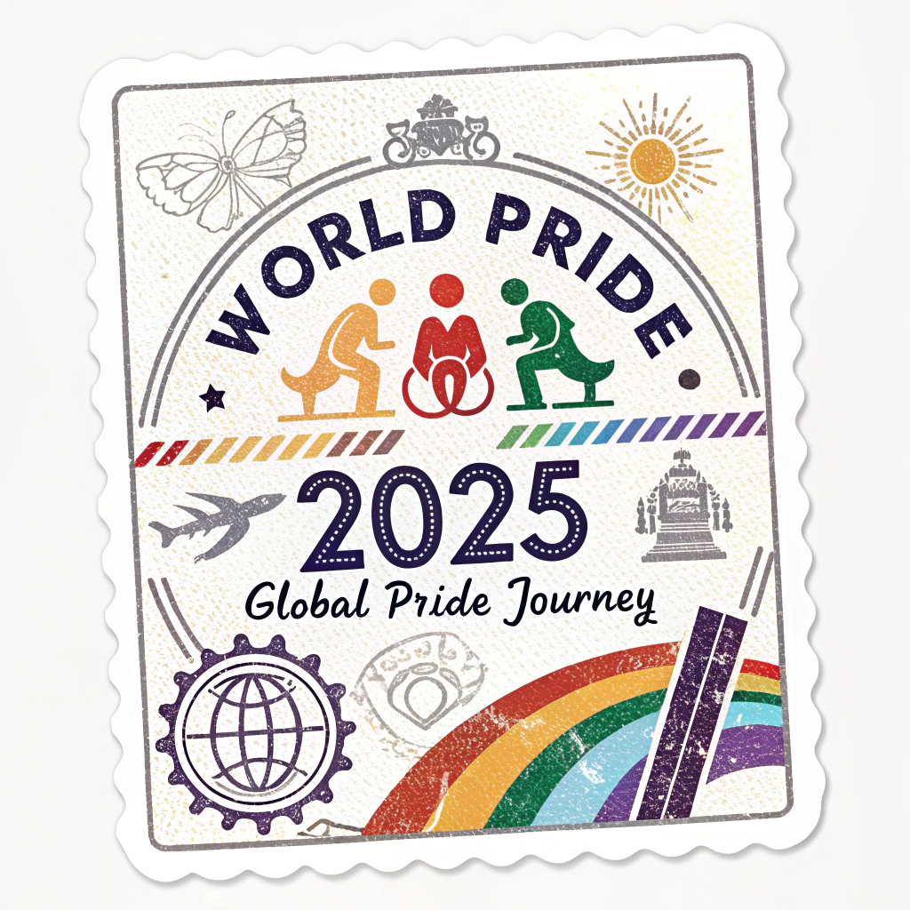 Translation: WorldPride 2025 Sticker Designs - Global Pride Journey: Passport Stamp Style