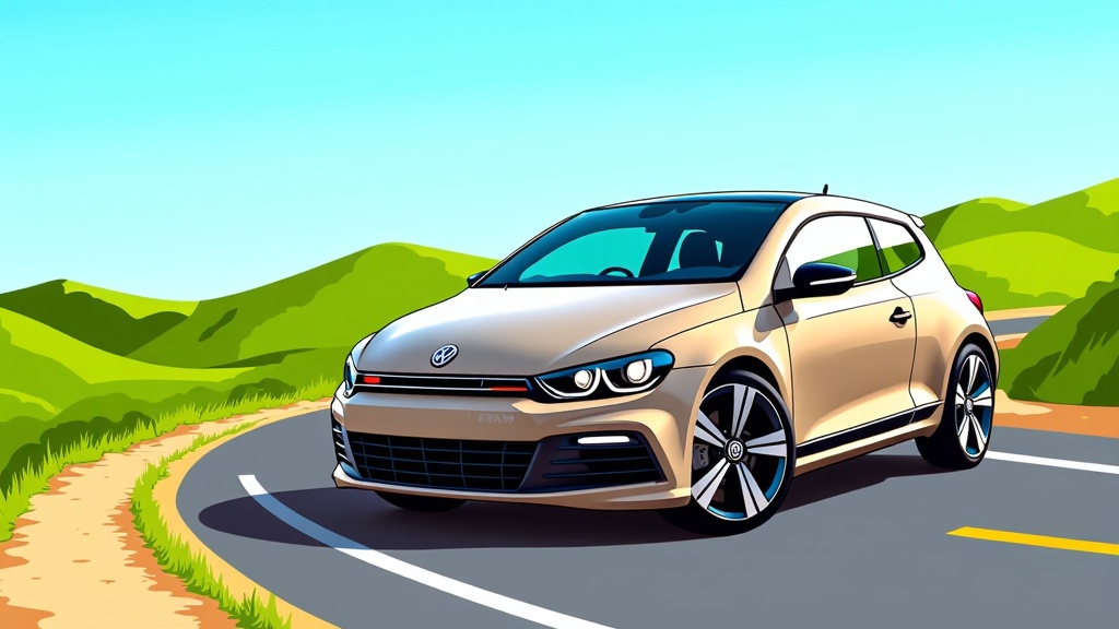 The image is a digital illustration of a beige Volkswagen Golf GTI car driving on a winding road. The car is in the center of the image and is facing towards the left side of the frame. The road is surrounded by green hills and trees on both sides. The sky is blue and the sun is shining brightly, creating a beautiful contrast with the beige color of the car. The Volkswagen logo is prominently displayed on the front grille and the wheels are black with silver rims. The overall style of the illustration is cartoon-like and the car appears to be in motion.