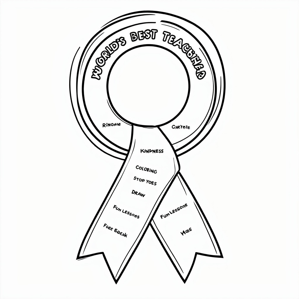 A 'make your own award' style page. A large, somewhat blank ribbon shape is provided, with 'World's Best Teacher' at the top. Sections prompt kids to color in or draw symbols for 'Kindness,' 'Patience,' 'Fun Lessons,' etc.