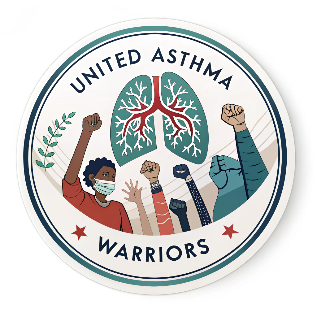 United Asthma Warriors Sticker: A circular sticker design showcasing a group of diverse raised fists or supportive hands, symbolizing unity, community, and shared strength. A central icon could combine a lung graphic with a star or upward arrow to signify empowerment.