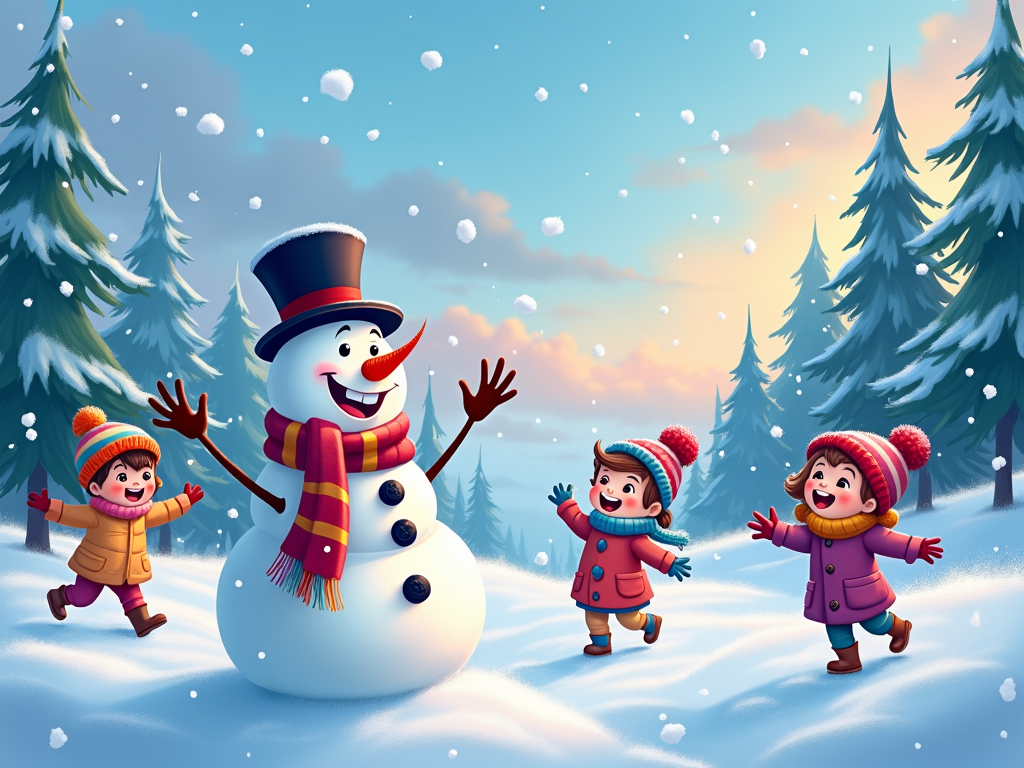 The image shows a group of children playing with a snowman in the snow. The snowman is wearing a scarf and a top hat, and is surrounded by trees covered in a blanket of snow. In the background, there are clouds in the sky, creating a festive atmosphere. The image is animated, giving it a lively and cheerful feel.