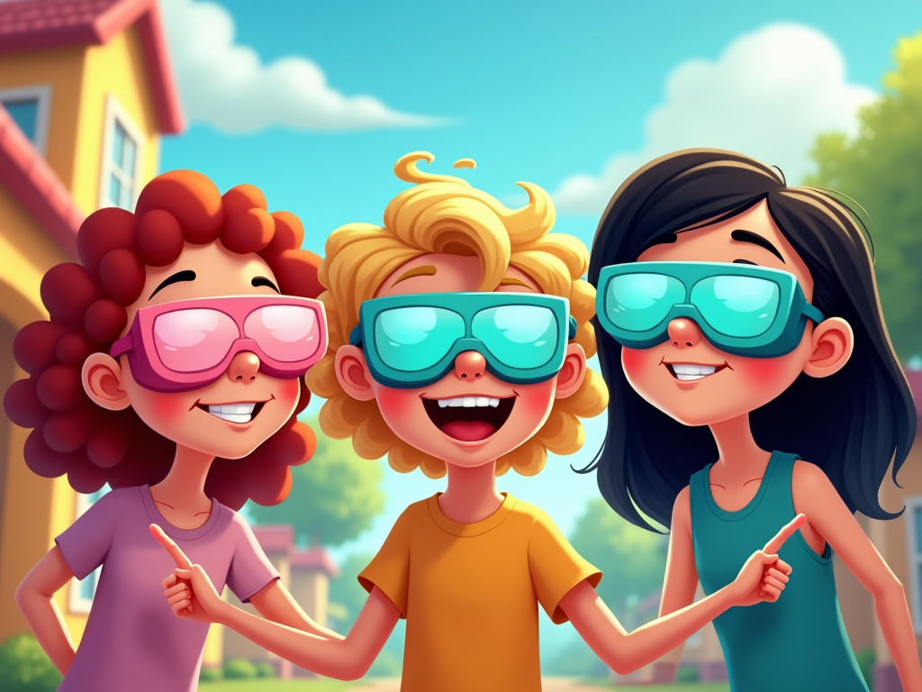 The 'Filter Goggles': Minors wear oversized, fun goggles. Through these, inappropriate content is comically pixelated, blurred, or replaced with safe, silly objects (e.g., a monster becomes a teddy bear). Friends also wear goggles or interact with the filtered world.