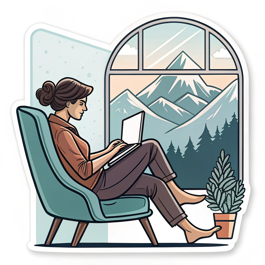 A person sitting in a comfortable chair, working on a laptop, with a window showing a scenic mountain view.