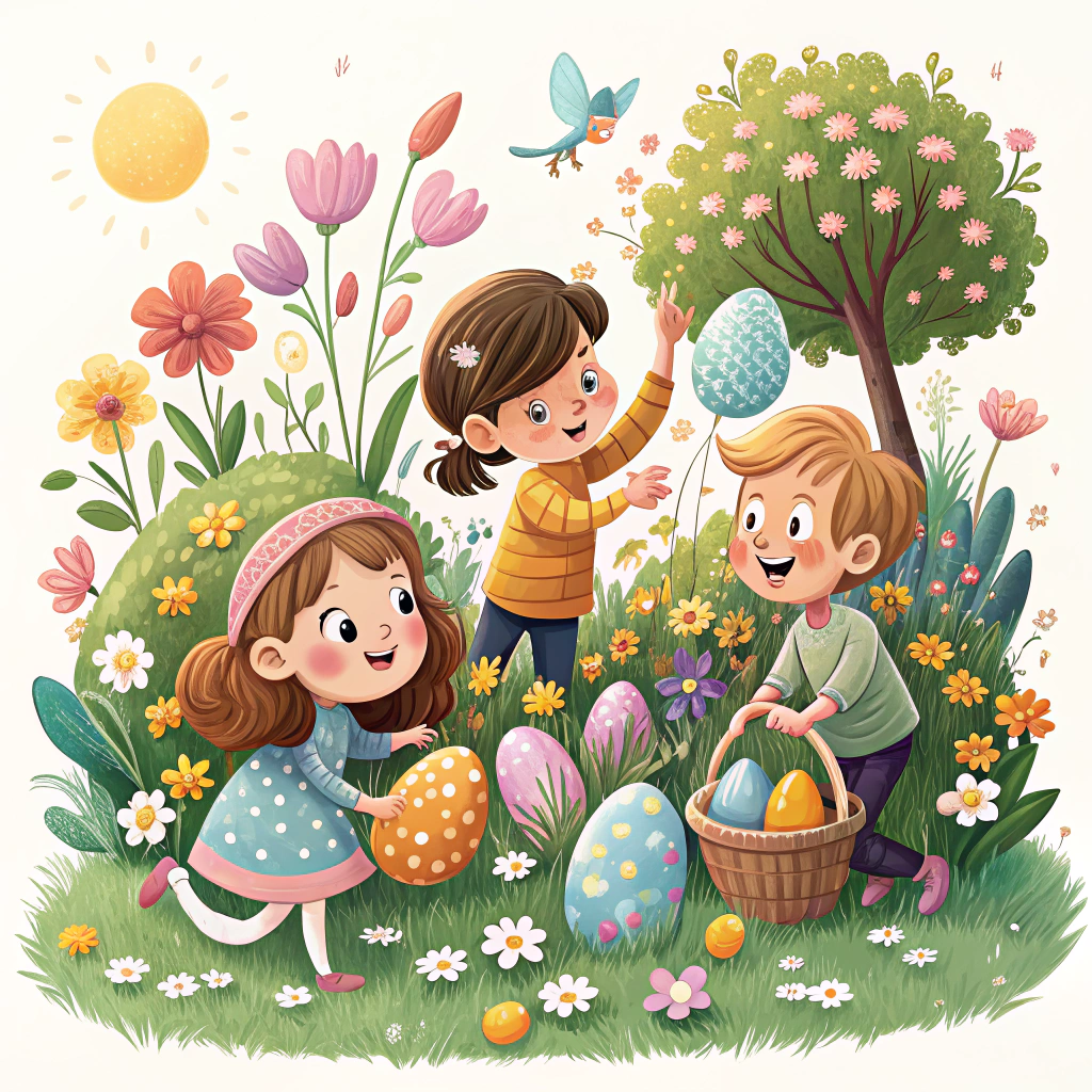 A sticker showing children on an Easter egg hunt in a garden filled with flowers, enjoying Easter Monday activities.