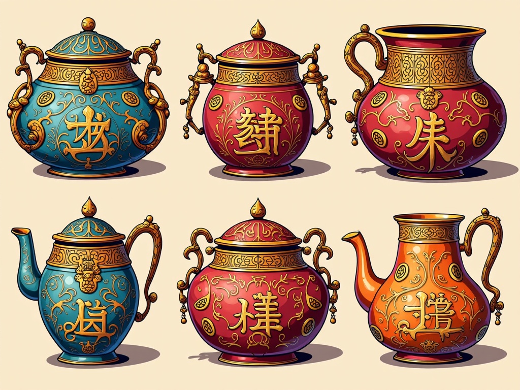 A collection of individual artifact 'portraits' styled with rich colors, ornate calligraphy-inspired details, and a sense of ancient majesty, making each piece look like a valuable treasure itself.