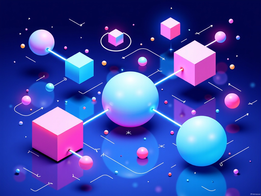 Geometric Symphony of Services: Abstract 3D geometric shapes (cubes, spheres, polyhedra) signifying different cloud services or components. Dynamic lines or patterns of light flow between these shapes, representing data transfer, API calls, or code execution paths within the cloud architecture.