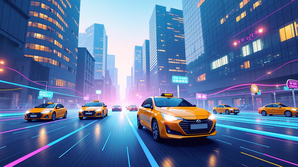 Data Stream City: Showcase robotaxis navigating a cityscape where visualized holographic data streams, augmented reality pathfinding overlays, and smart infrastructure interactions highlight the underlying information network guiding the vehicles.
