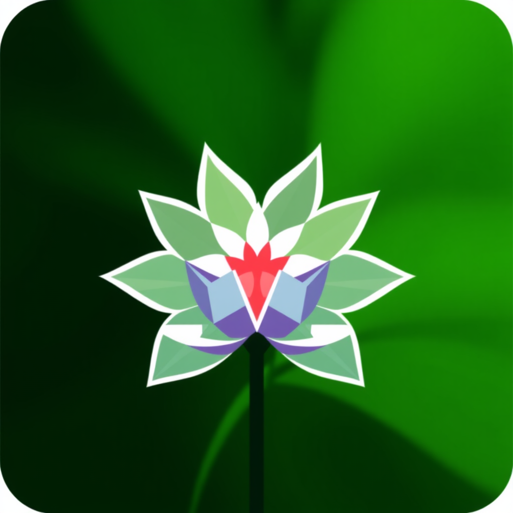 Pixelated Bloom / Digital Leaf: A flower or leaf composed of pixels or abstract geometric shapes that transition from sharp, digital forms at the stem/base into smooth, organic shapes at the tips, representing technological innovation yielding natural, sustainable outcomes.
