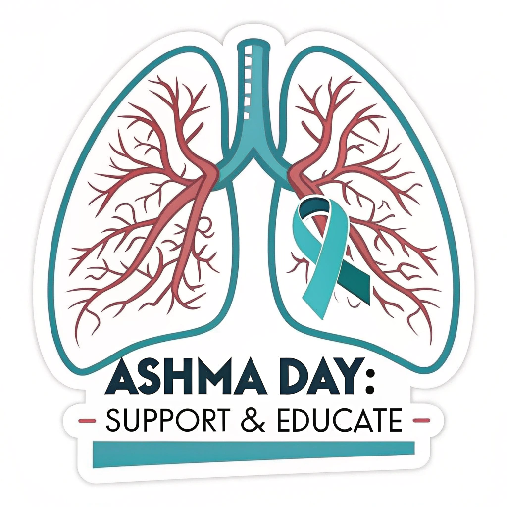 Simple Sticker Idea: A bold, clean outline of lungs with a small, integrated awareness ribbon (e.g., teal or grey). Below, concise text: 'Asthma Day: Support & Educate'.