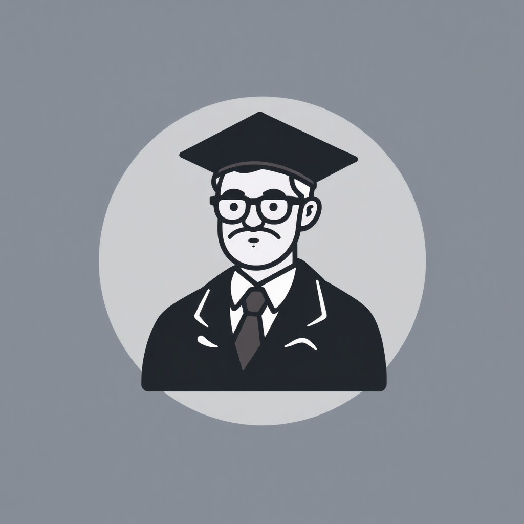 The image is a black and white illustration of a man wearing a graduation cap and gown. He has a mustache and glasses, and is wearing a suit and tie. The background is a light grey color, and the man is in the center of the image. The image is in a circular shape, with a white border around it. The overall style of the illustration is simple and minimalistic.