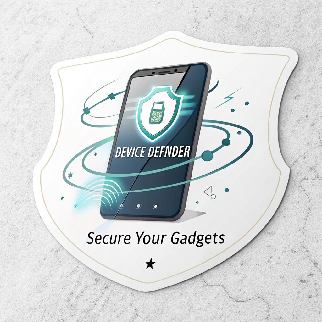 Sticker Design 4 (Protective Aura): An illustration of a smartphone or laptop enveloped in a visible, glowing protective aura or energy shield. The shield could have subtle data stream patterns. Text: 'Device Defender' integrated within or around the shield, and 'Secure Your Gadgets' clearly displayed.