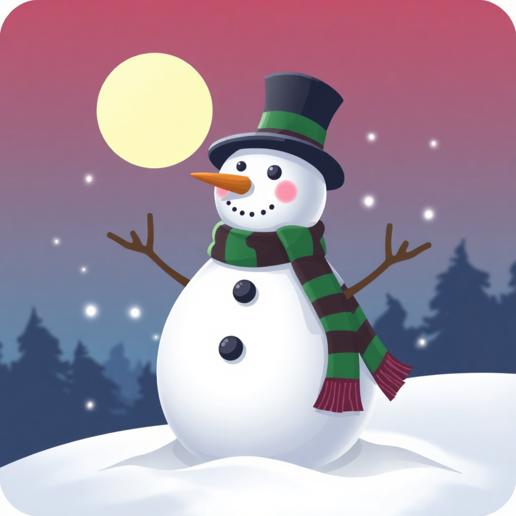 The image shows a snowman wearing a top hat and scarf standing in the snow with trees in the background and a moon in the sky.