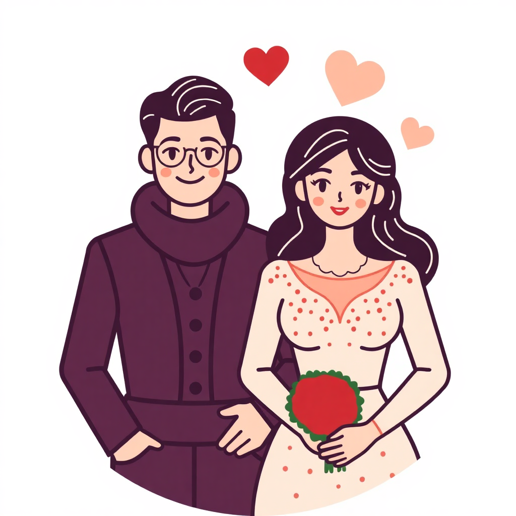 The image shows a cartoon of a man and woman standing next to each other, with the woman holding a bouquet of flowers in her hands. The background is white and there are heart-shaped symbols around them, suggesting that the couple is celebrating their wedding day.